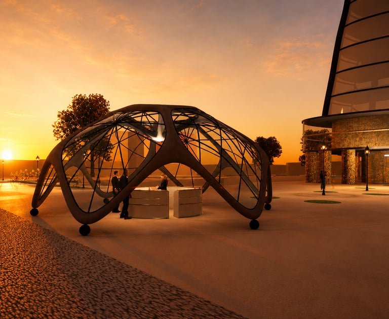 Pabellón de cristal geométrico moderno y arquitectura urbana futurista durante una puesta de sol.