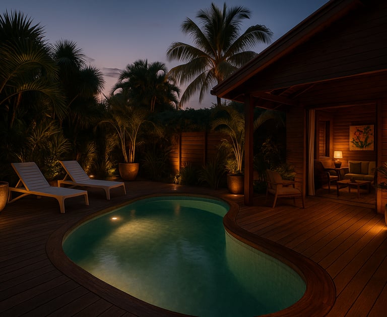 Éco-lodge de luxe dans les Caraïbes avec piscine à débordement, vue mer, plage de sable blanc et jardin tropical – concept hô