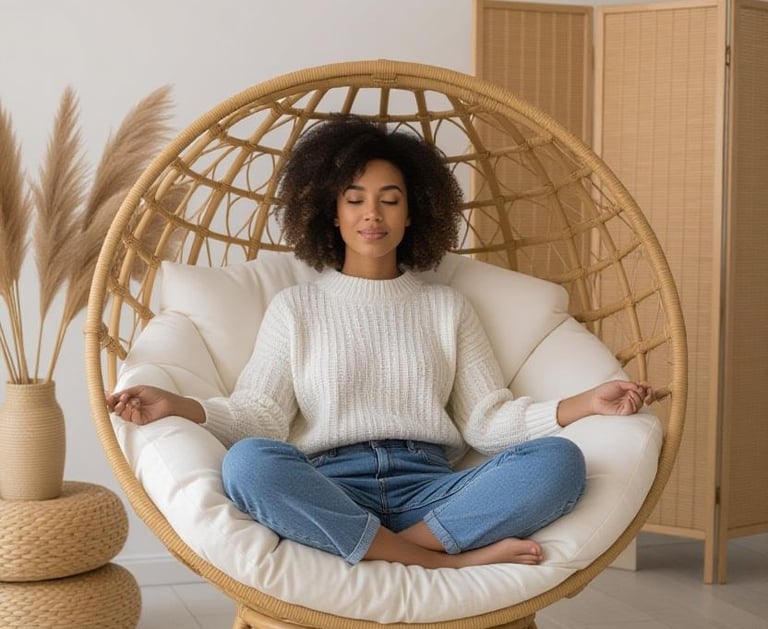 a woman sitting in a chair with her hands on her knees