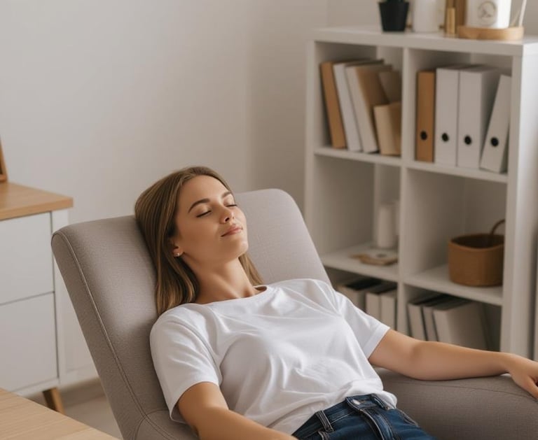 a woman sitting in a chair with her eyes closed