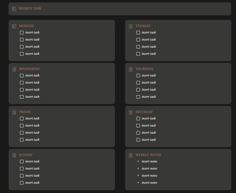 Minimalist weekly task planner template with dark theme and checkboxes for daily to-do lists.