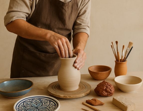 Artisant de la poterie marocaine en plein action pour fabriquer une pièce unique