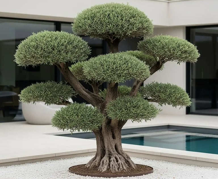 Olivo ejemplar de estilo bonsái como punto focal en un jardín moderno minimalista.