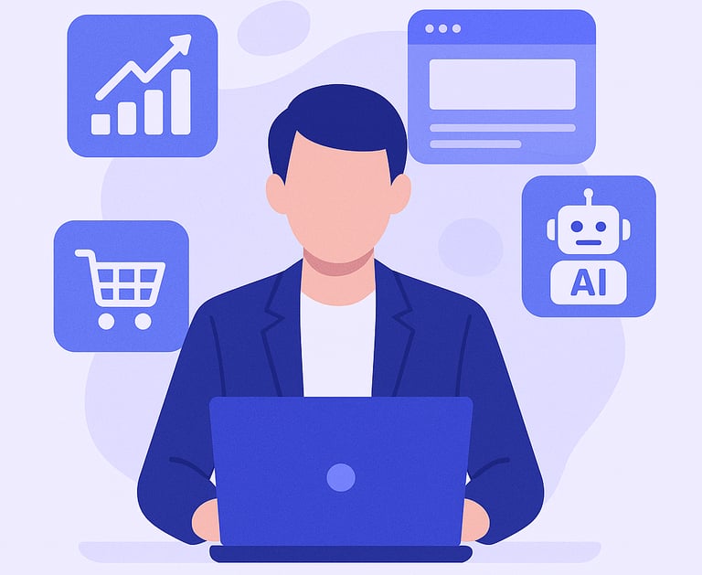 Digital marketing illustration of a person at a laptop with website, AI, cart, and growth icons.
