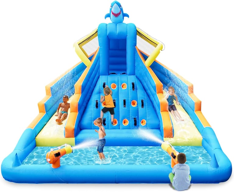 Inflatable Water Slide, 13FT Shark-Themed Large Bounce House with Dual Slides, Climbing Wall, Deep P