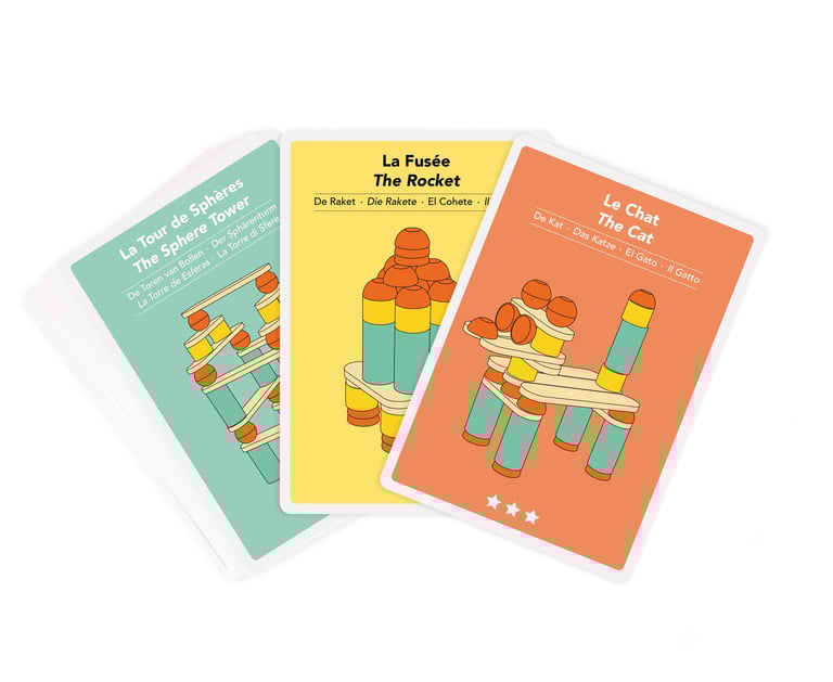 Educational game cards that shows tasks that the child must complete using silicone and wooden parts