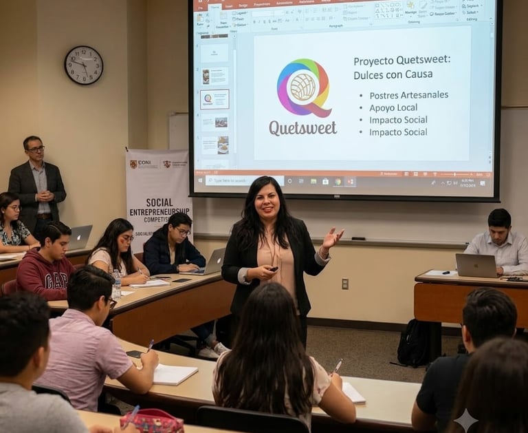 Una estudiante dando una presentación de emprendimiento social a una clase de estudiantes.