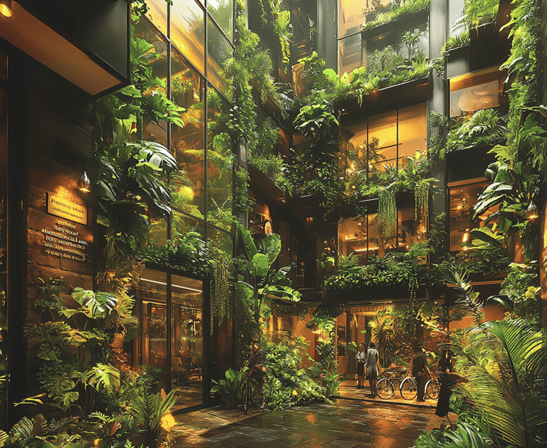 Hôtel futuriste recouvert de végétation, illustrant le tourisme à faible empreinte carbone.
