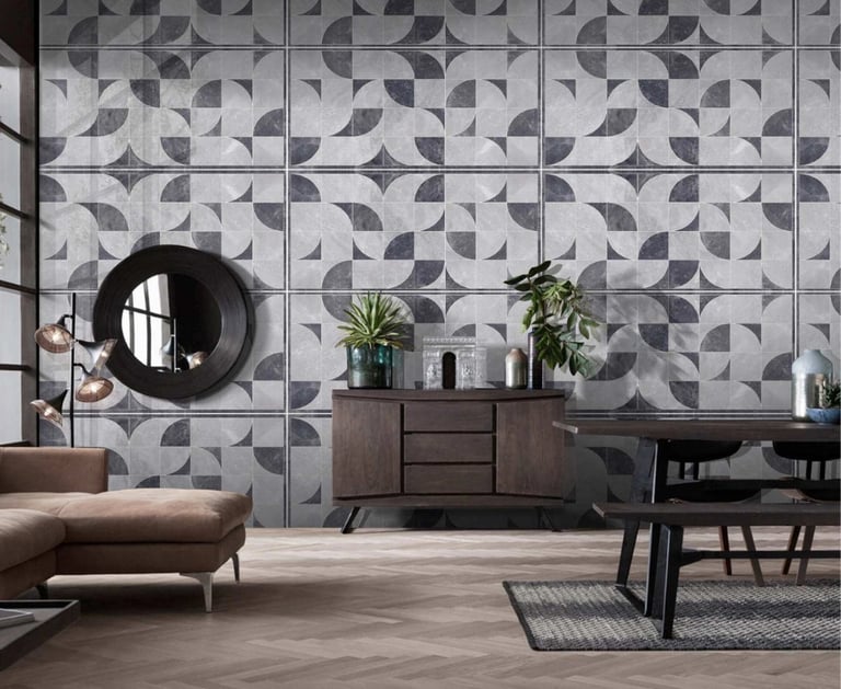 Stylish living room with geometric designer wall tiles – Rosso Ceramics Pvt Ltd Pune