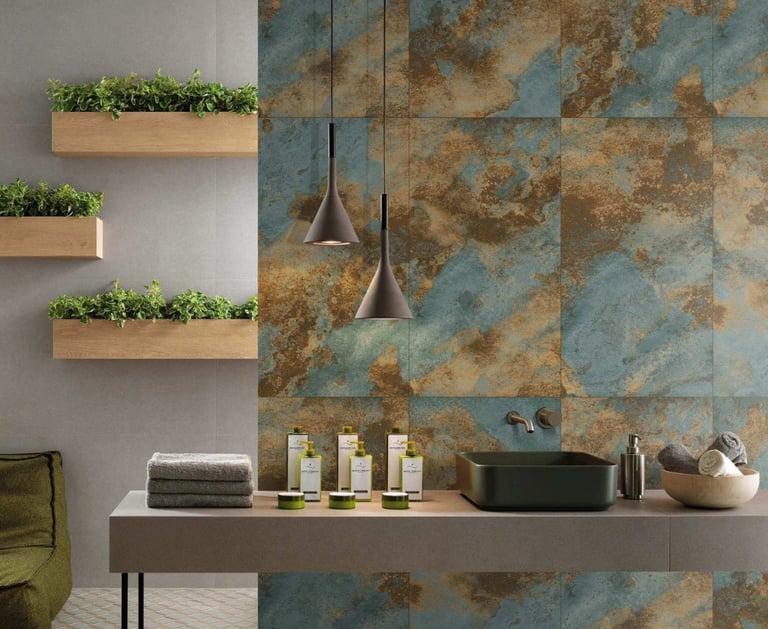 Modern bathroom with designer ceramic wall tiles and stylish basin – Rosso Ceramics Pvt Ltd, Pune