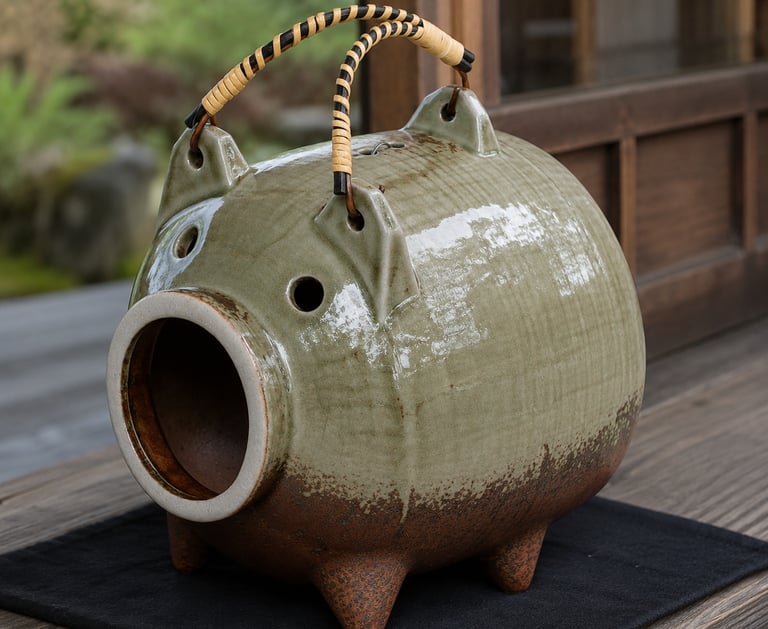 A traditional Japanese green ceramic katori buta pig mosquito coil holder on a wooden porch.