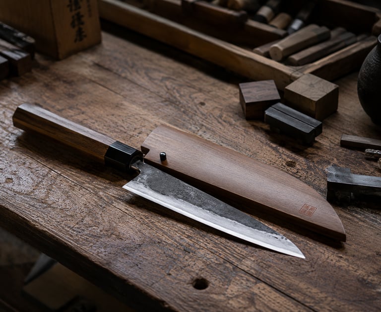 Handcrafted Japanese chef knife with a wooden handle and matching saya sheath on a rustic wood workbench.