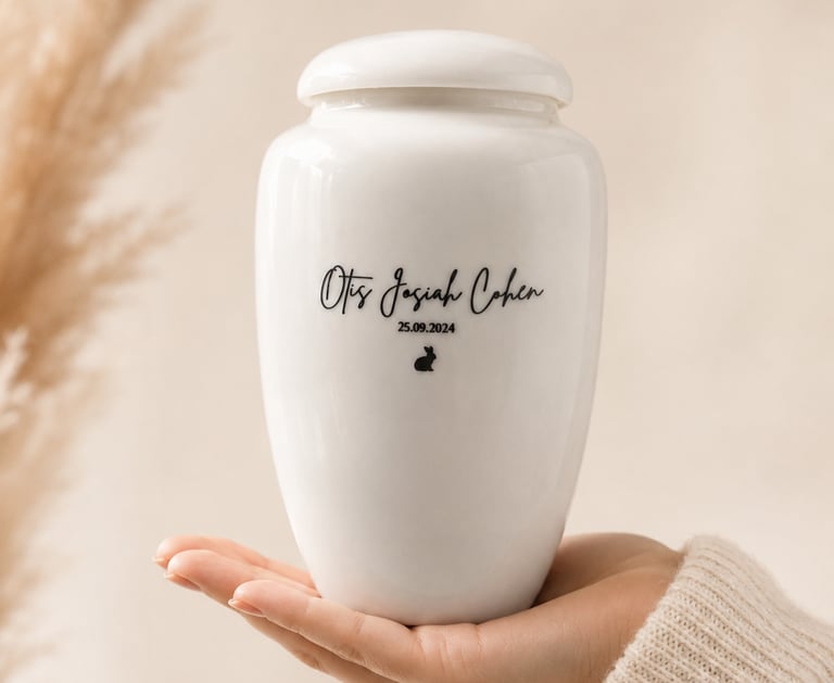 Personalised white ceramic urn for baby ashes with engraved name, birth date and custom illustration