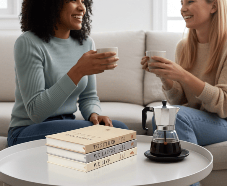 Two Woman having a coffee with helba decorative books 