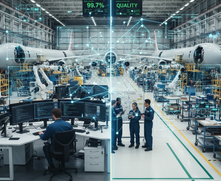 split screen showing technology and manufacturing, one side modern software development with code and interfaces, other side