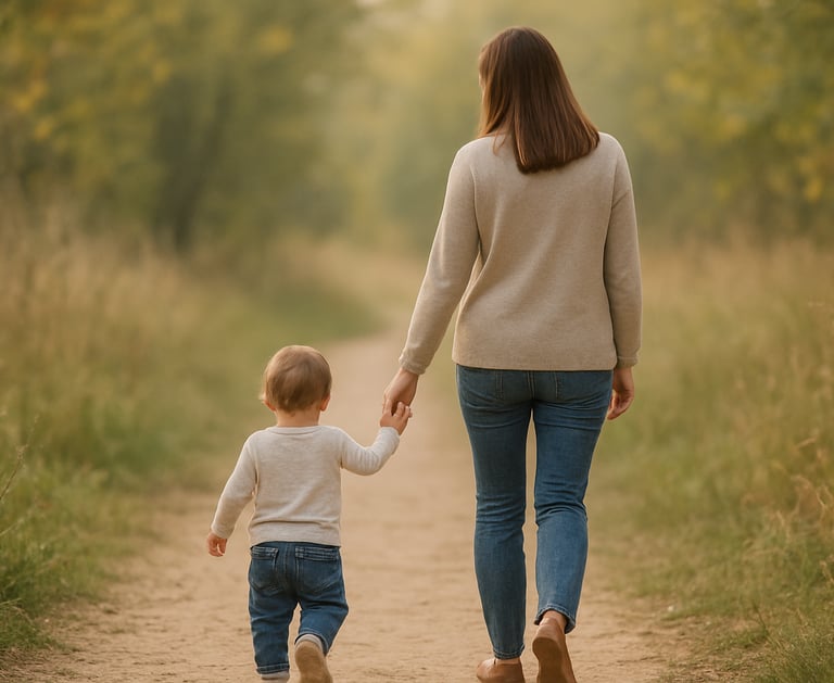 a toddler is walking holding hands with the mother on a nature trail