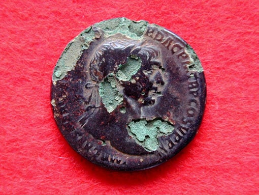 Roman coin with bronze disease