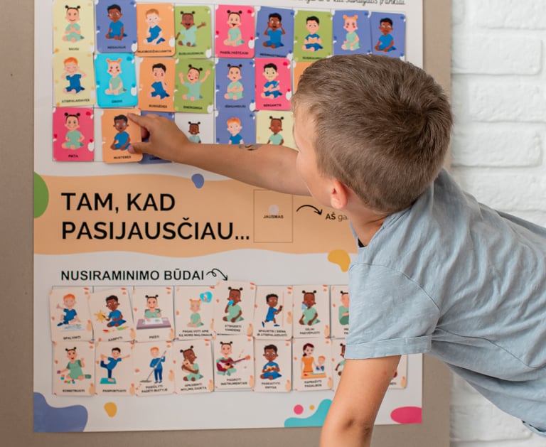 Emocijų kortelės ir emocijų valdymo plakatas