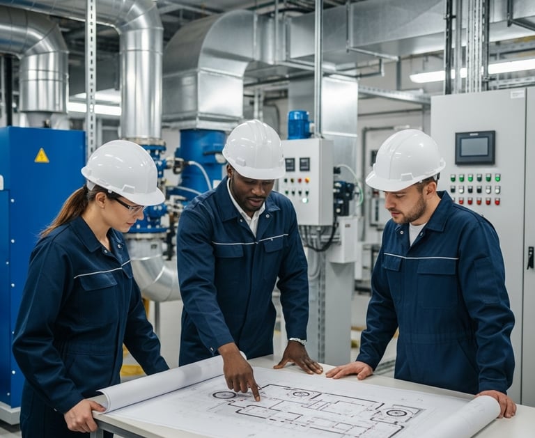 a group of workers in a company with a blueprinted floor plan for energy audit