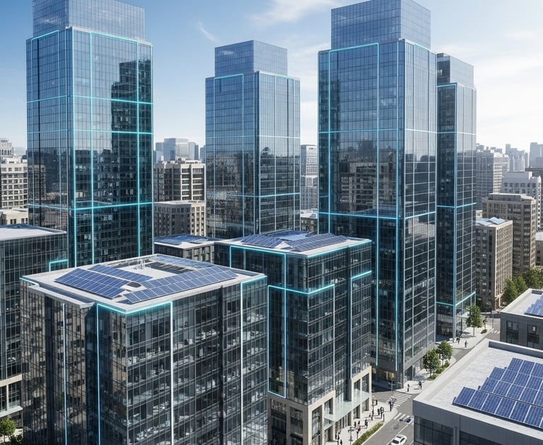 a city skyline with a lot of tall buildings for energy solutions