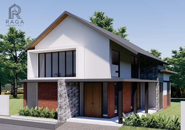 Rumah dua lantai bergaya modern minimalis dengan fasad putih bersih dan jendela kaca besar