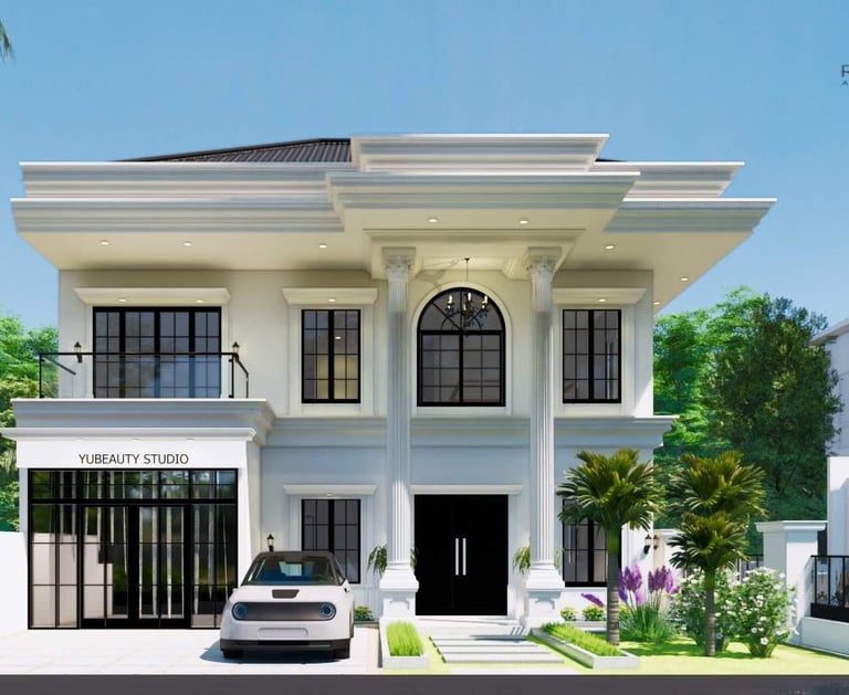 Desain rumah putih dua lantai klasik modern dengan taman depan