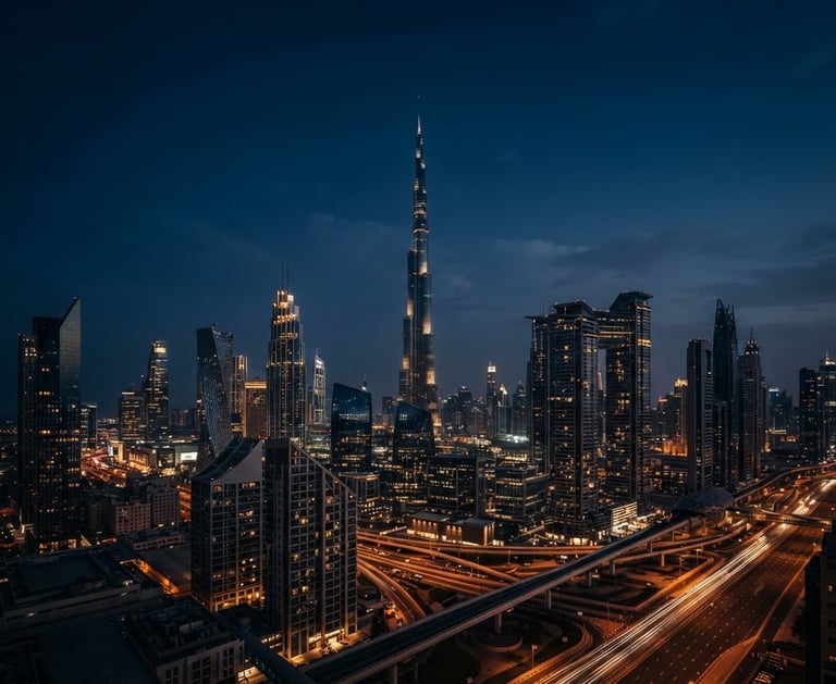 Wide-angle architectural shot of the modern Dubai financial district at dusk, sharp geometric lines of skyscrapers reaching into a deep midnight blue sky, vast negative space, low-key dramatic lighting.