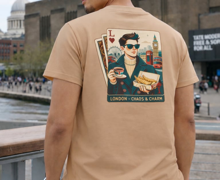 Chico con camiseta de moda urbana streetwear Cartas Viajeras Santa Paciencia Londres