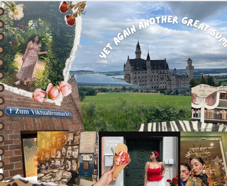 Summer travel scrapbook collage featuring Neuschwanstein Castle and German city sights.
