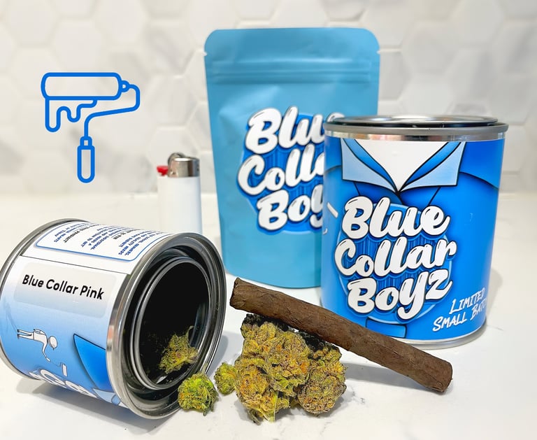 Blue Collar Boyz cannabis flower buds and pre-rolled blunt with branded tins and packaging.