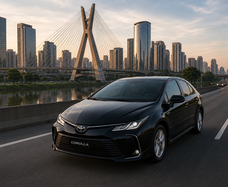Carro corolla andando na marginal pinheiros em são paulo com a ponte estaiada de fundo