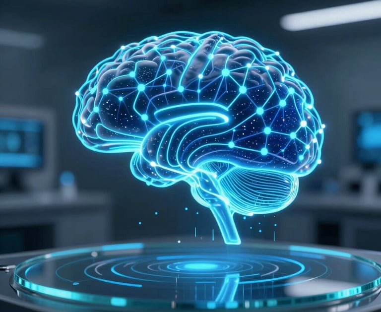 A close-up photograph of a highly sophisticated, glowing holographic artificial intelligence neural network interface. Shimmering electric cyan and deep space-blue lines and nodes of data form a stylized human brain silhouette in a clean, professional dark technology lab setting in North American / Global. The lighting is ultra-modern, casting crisp blue reflections on a sleek polished glass surface, conveying advanced digital innovation.
