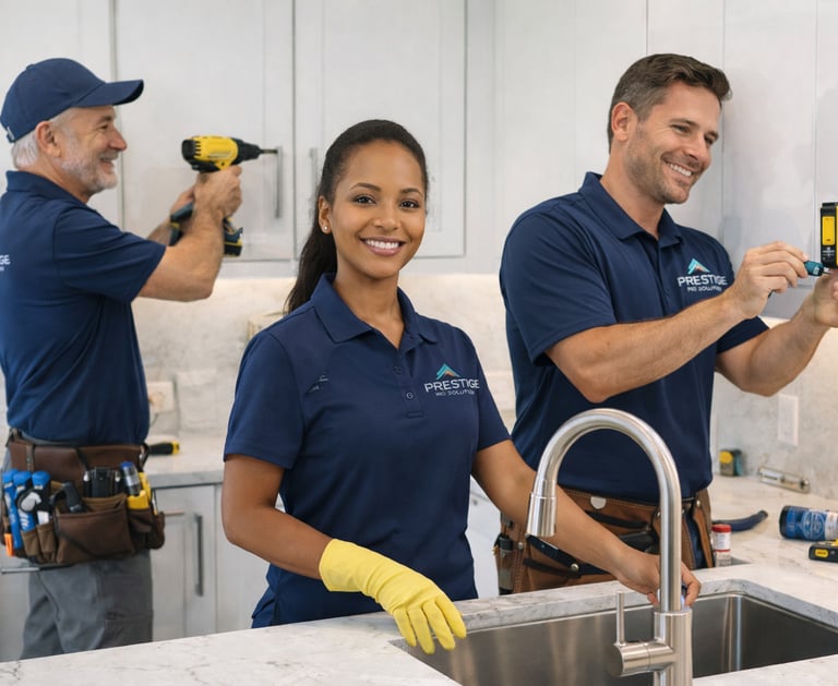 Professional home remodeling team working on a modern kitchen renovation project.