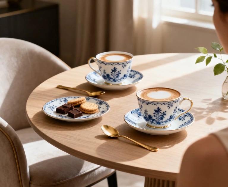 Elegant coffee setting with porcelain cups, artisanal biscuits, chocolates, and refined interior.