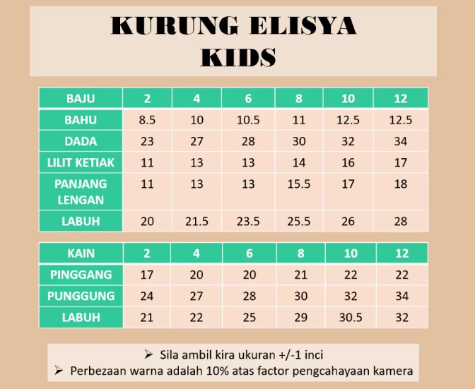 Ukuran Kurung Elisya Kids
