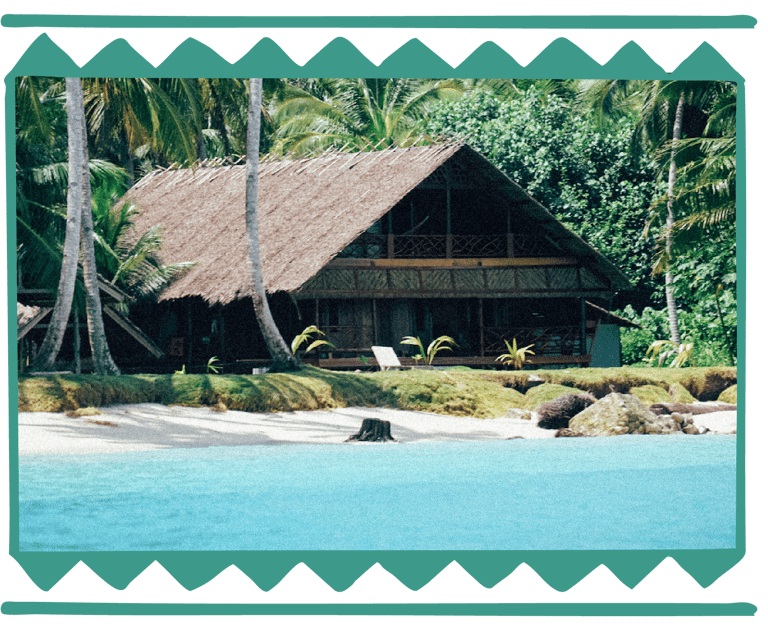 Toska Mentawai Surf House beachfront cabin with palm trees and turquoise ocean