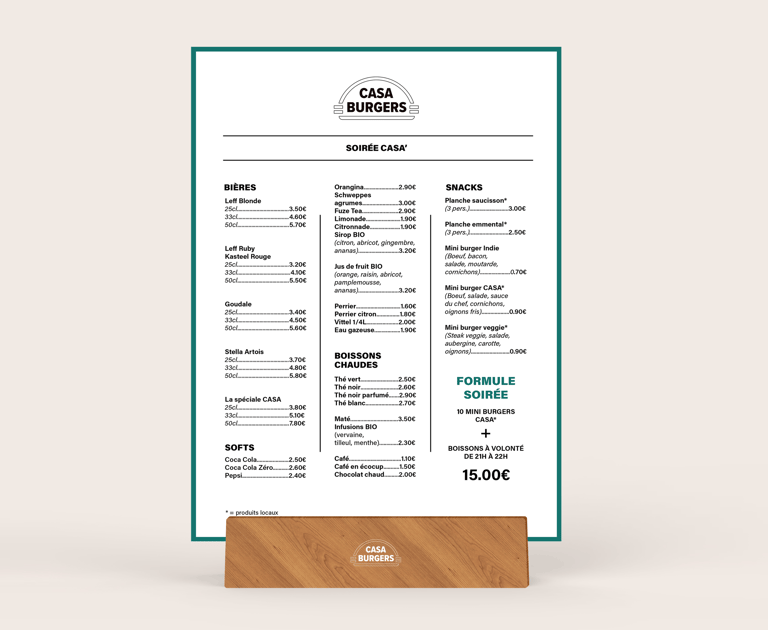 Menu "Casa Burgers"