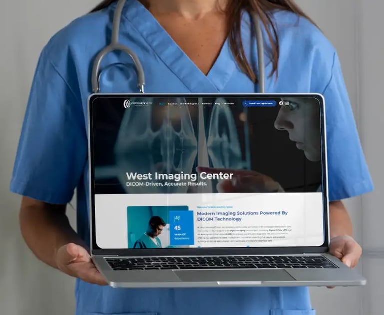 a woman in scrubs holding a laptop computer