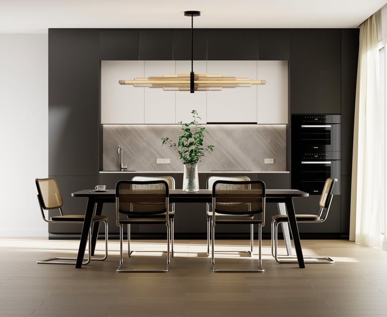 visualisation 3D d'une salle à manger design avec table centrale et éclairage naturel