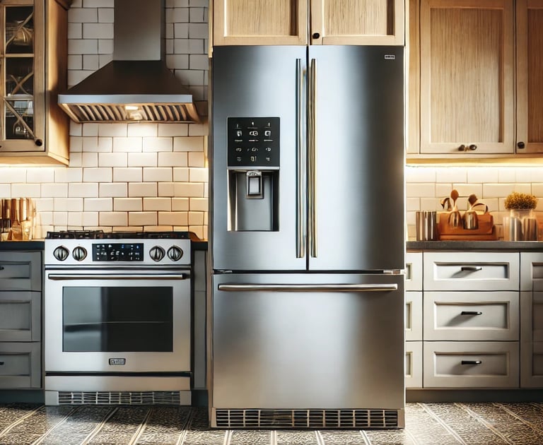 a kitchen with a refrigerator, stove and Hood Range