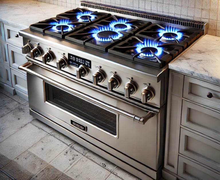 a stove top oven with a blue flame on it
