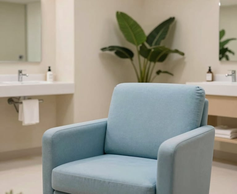 Detailed photography of an elegant lactation room in a corporate setting in Hispanic / Corporate Latin America & Spain. Includes a plush pastel blue armchair, clean beige walls, subtle soft light green plant accents, private sanitary amenities, and calm soothing lighting.