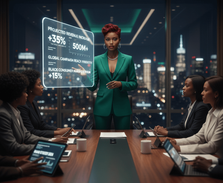 A business executive presents holographic data growth charts to a diverse corporate board in a city office.