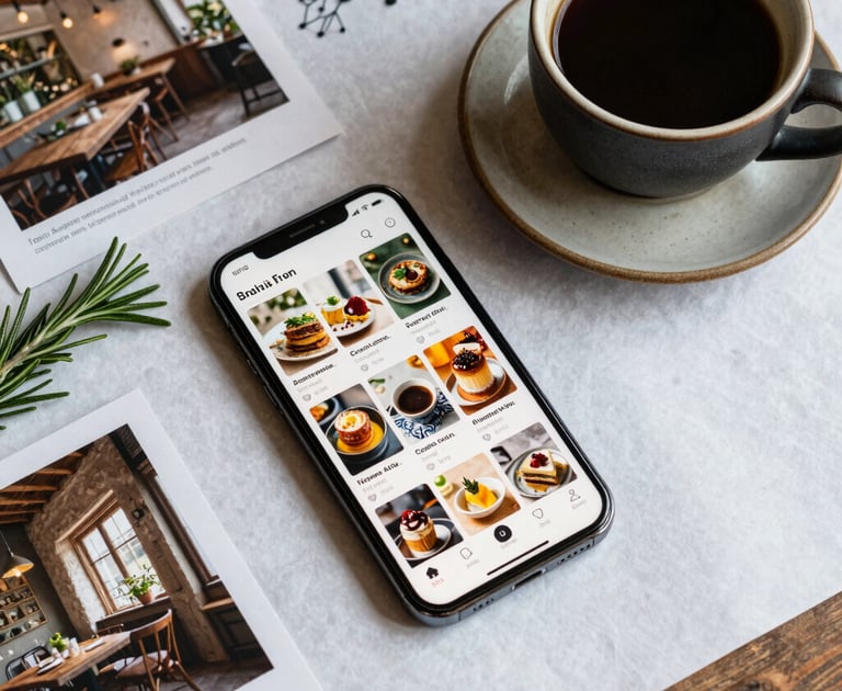 A detailed, sophisticated top-down photograph of a creative content strategy desk. Features a smartphone displaying colorful social media feeds, hand-annotated culinary mood boards with images of rustic cafes, fresh rosemary sprigs, and a dark ceramic cup of black coffee on a crisp parchment surface. Designed for North American and Northern European culinary markets.