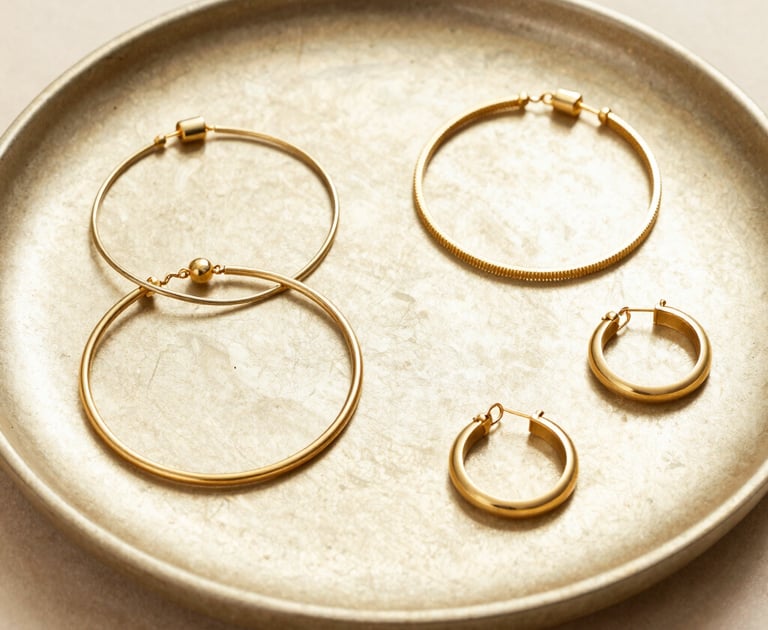 A beautifully arranged flat lay photograph of multiple minimalist gold jewelry pieces, including delicate bracelets and hoop earrings, on a textured champagne gold ceramic tray. Bright and airy lighting, sophisticated luxury aesthetic, warm beige background.