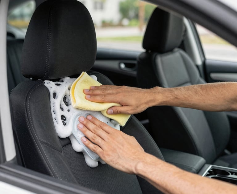 A professional vacuuming the interior of a car with sunlight streaming through the windows.