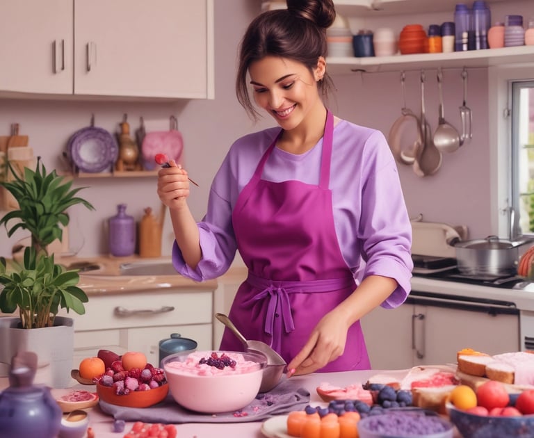 mujer feliz cocinando postres