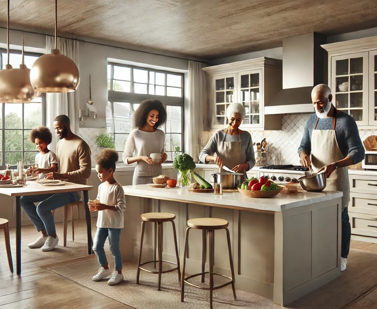 family cooking dinner in a kitchen