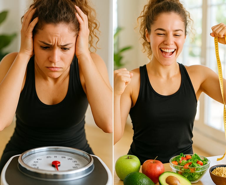 Person celebrating weight loss breakthrough with measuring tape and healthy foods after overcoming p