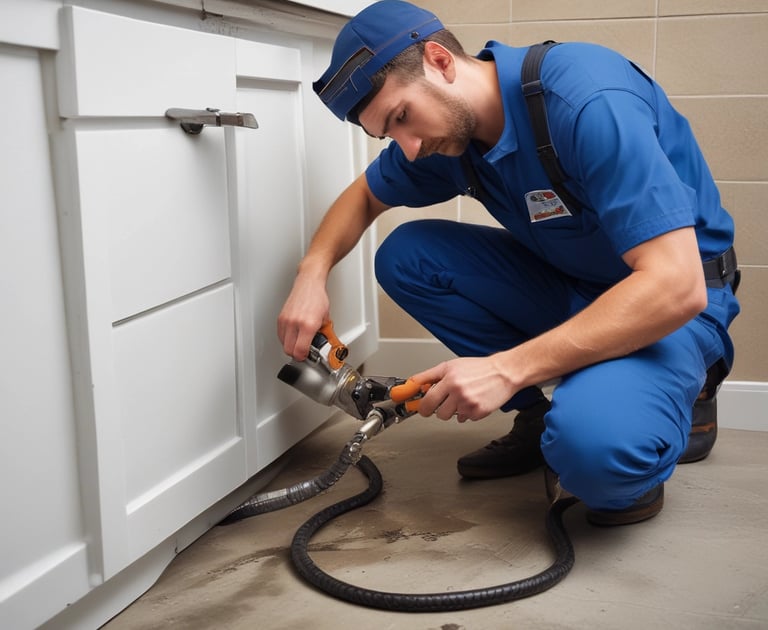 Plumber using a hydro-jet or snake machine to clear a drain.